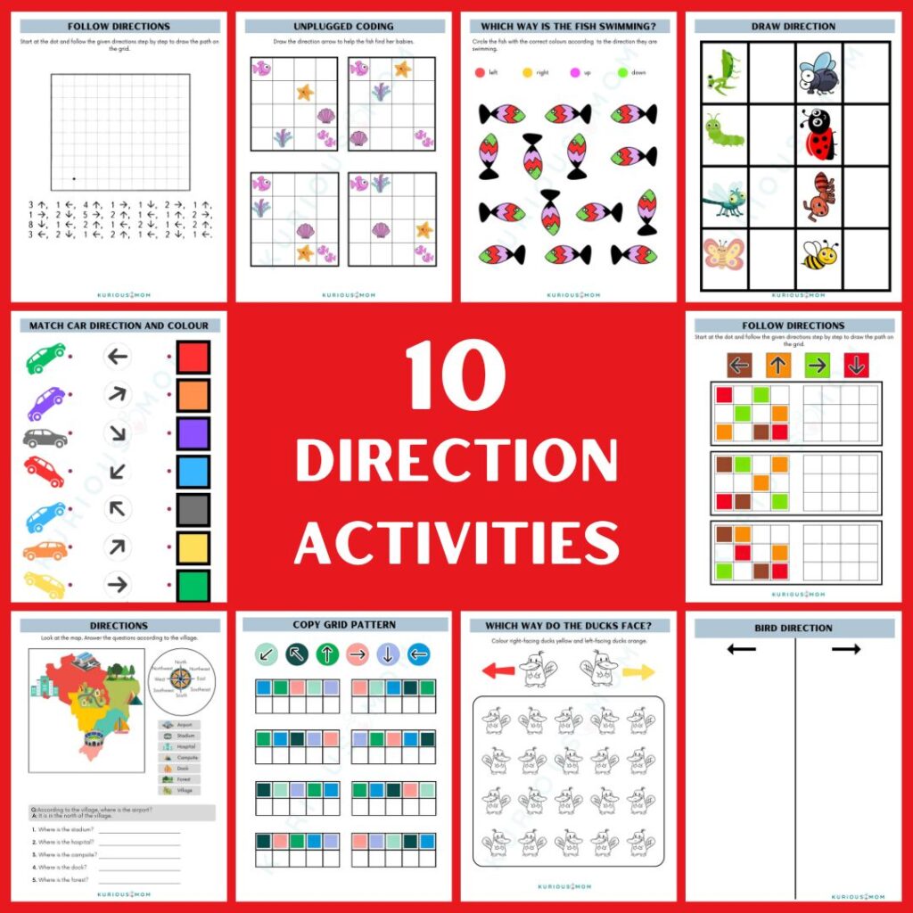 direction worksheets for kids, left right worksheets, printable worksheets for preschool, coding worksheets for kids, grid activities for kids, kindergarten direction activities, free printable kids worksheets