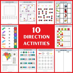 direction worksheets for kids, left right worksheets, printable worksheets for preschool, coding worksheets for kids, grid activities for kids, kindergarten direction activities, free printable kids worksheets