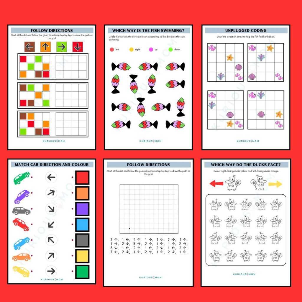 direction worksheets for kids, left right worksheets, printable worksheets for preschool, coding worksheets for kids, grid activities for kids, kindergarten direction activities, free printable kids worksheets