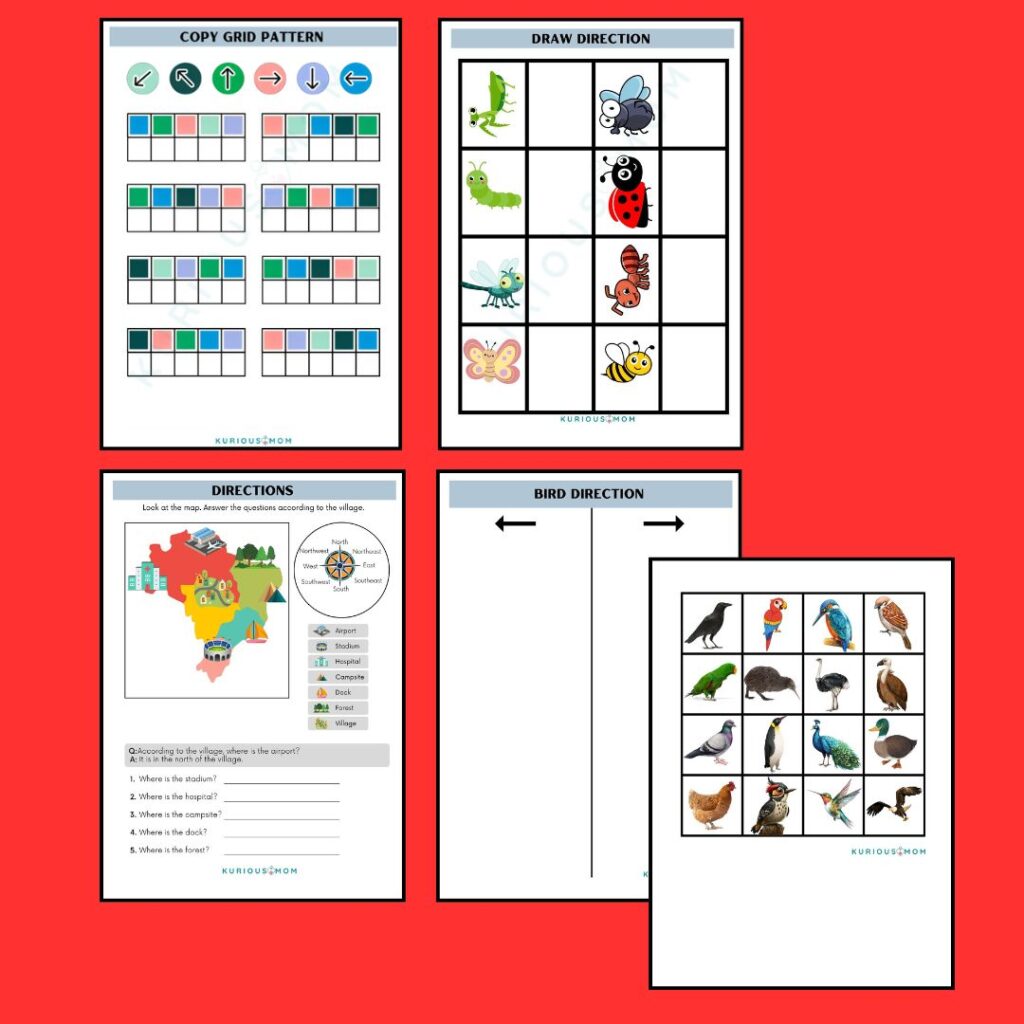 direction worksheets for kids, left right worksheets, printable worksheets for preschool, coding worksheets for kids, grid activities for kids, kindergarten direction activities, free printable kids worksheets